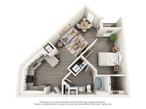 Floor plan for 1 bed, 1 bath, 696 sqft